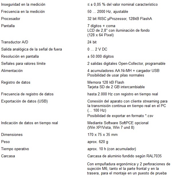 Especificaciones técnicas del torquimetro universal PCE-MMT E